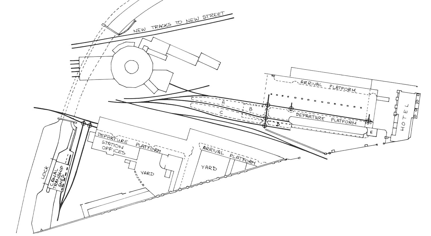 Plan of the approach and layout of Curzon Street station's train shed and its Engine House as seen in 1852