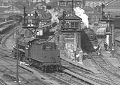 Close up showing Curzon Street No 1 signal cabin in company with two unidentified ex-LMS 2-6-0 'Stanier Crabs'