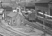 Close up showing sidings Nos 21 to 36 with an ex-LMS 0-6-0 Diesel shunter working adjacent to the former GJR station