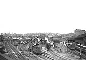 A panoramic elevated view of Curzon Street Goods Station from Vauxhall viaduct seen on 25th July 1955