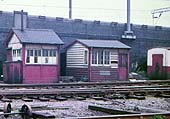 A Signal Lineman's Trackside cabin is seen on the left, with other cabins on the right, at Curzon Street in 1967
