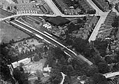 A 1920 aerial view of Daimler Halt with Radford Road bridge at the bottom and Sandy Lane bridge at the top