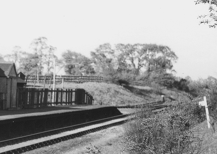 Close up of the Weeden end of Flecknoe station's platform showing the loading gauge behind the fencing protecting the siding