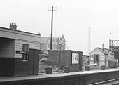 Close up of Foleshill station's up platform passenger shelter with news agent kiosk, brick built gentlemen's toilets and two timber huts