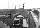 Looking towards Coventry from Lockhurst Lane road bridge with on the left, Foleshill goods yard and Campton & Sons building