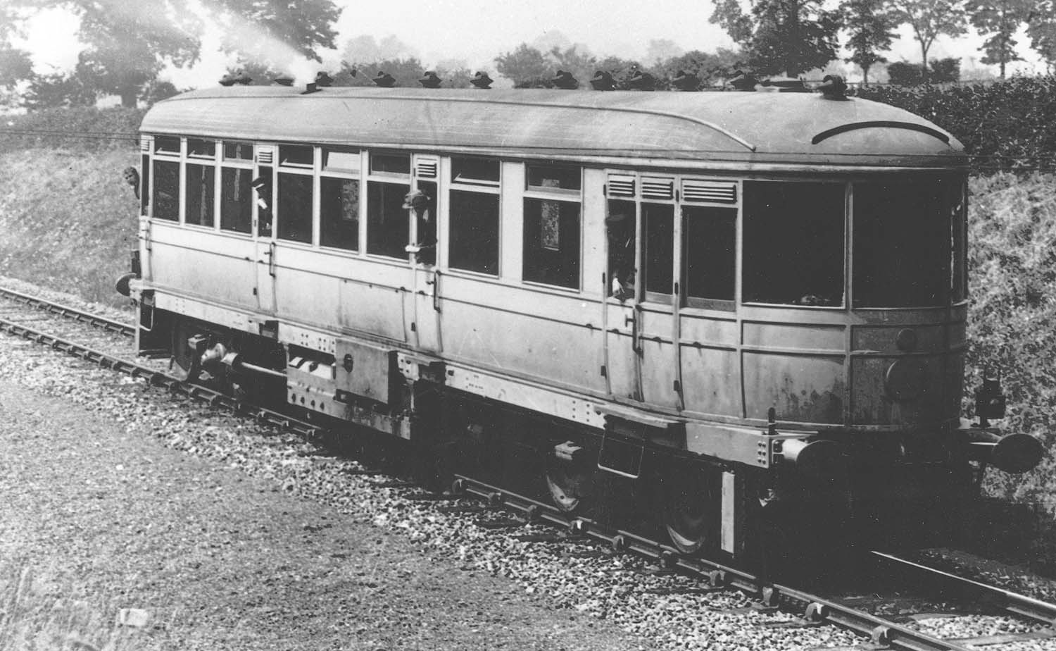 The Daimler experimental railcar is seen returning to Coventry between Gibbet Hill Signal Cabin and Kenilworth Junction