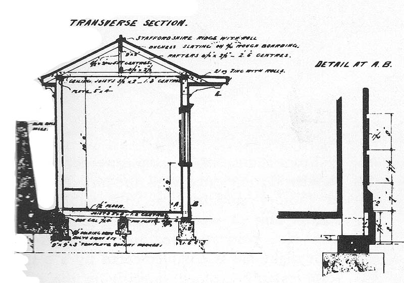 Close up showing the transverse section and details of the materials used in constructing the waiting room