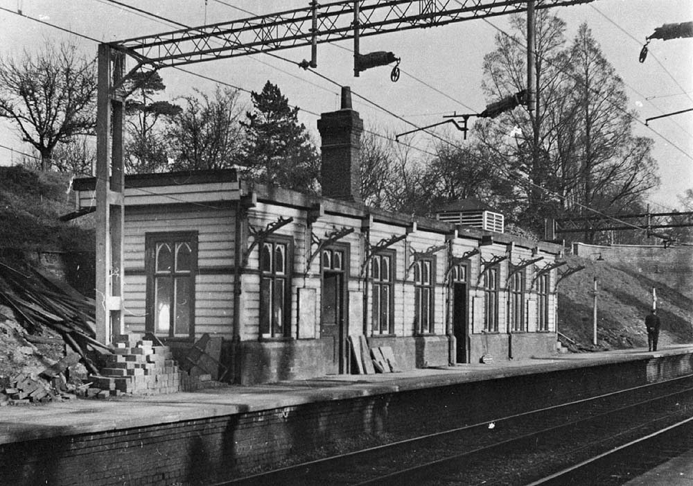 Hampton in Arden station's up platform building after the removal of the roof in March 1966