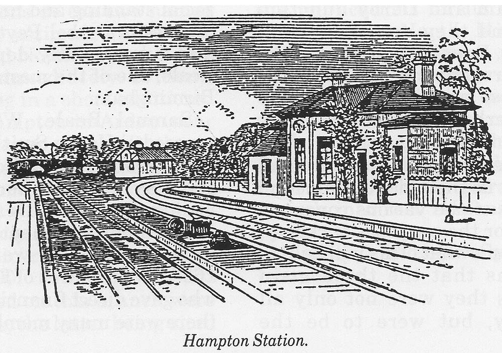An artist's impression of Hampton station showing the B&DJR building on the right with the L&BR lines to Birmingham on the left