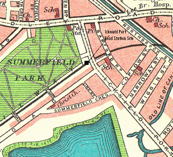 Map showing the location of Icknield POrt Road station and its juxtaposition with Summerfield Park