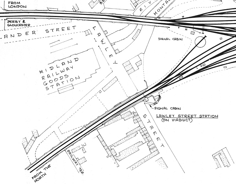 Plan showing the location of Lawley Street station on the viaduct adjacent to Lawley Street Goods Station