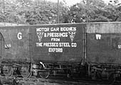 Close up showing a GWR bogie wagon for carrying steel car pressings en-route from Oxford to one of Coventry's many car factories