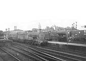 Ex-LNWR 4-6-0 No 25673 'Lusitania' at platform 2 and LMS 4P Compound 4-4-0 No 1116 in the exchange sidings
