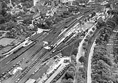 A 1937 aerial view of the former LNWR station and its GWR counterpart, with latter being rebuilt