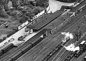 Close up of the 1937 aerial view showing the former LNWR station with Station Approach passing in front of the building