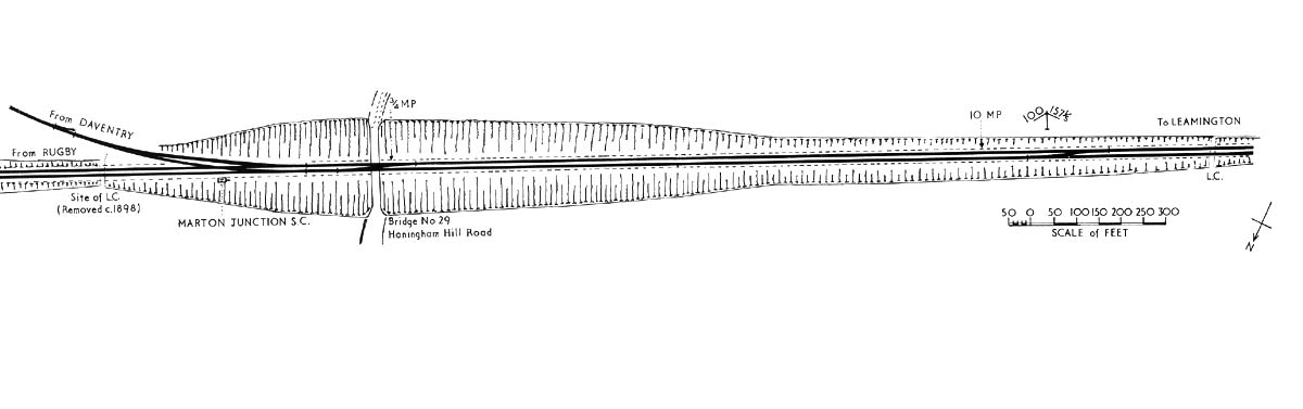 A schematic diagram showing the layout of Marton Junction prior to the removal of the section of line to Leamington