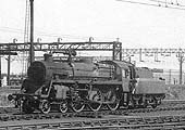 British Railways 4-6-0 5MT No 75045 is seen reversing in to a nearly empty shed shortly before its withdrawal in April 1966