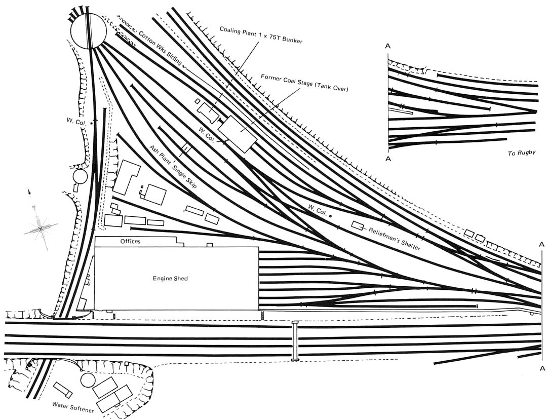 Plan of Nuneaton shed showing the location of the Coaling and Ash Plants, the 60 foot turntable and the avoiding line under the Trent Valley line