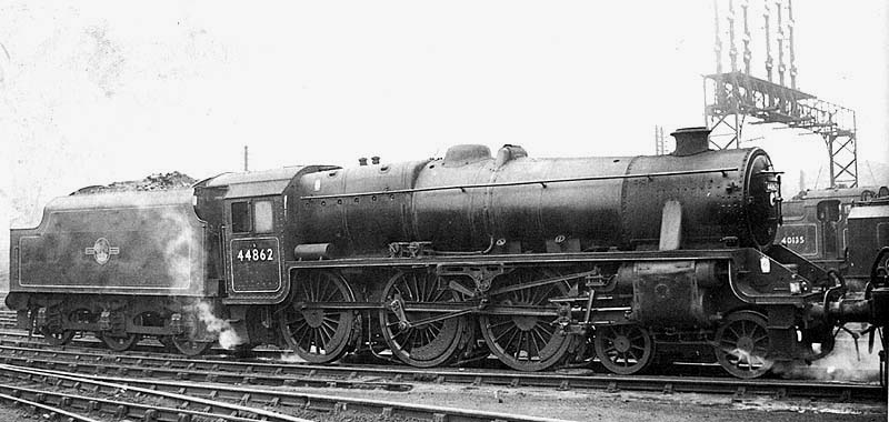 Ex-LMS 5MT 4-6-0 'Black 5' No 44862 is seen raising steam on one of the roads in front of Nuneaton shed