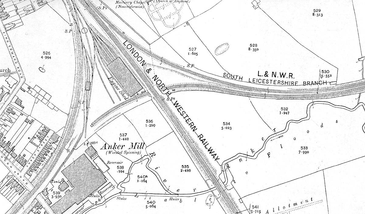 A 1914 map showing Nuneaton shed, its original turntable and coaling stage together with the two branch lines