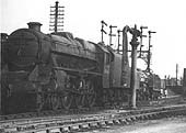 Ex-LMS 4-6-0 5MT No 45343 is seen making its way out Nuneaton shed ready to commence another working on 25th April 1954