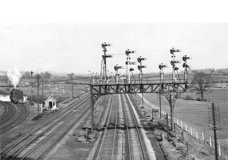 View of the signal gantry to the north of Nuneaton station which protected the up through lines and the up sidings