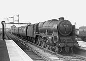 Ex-LMS 4-6-0 Rebuilt Patriot class No 45525 'Colwyn Bay' is seen entering Nuneaton station's platform four at the head of an up express service