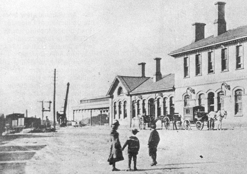 Close up view showing the goods yard and Ashby Bay platform canopy in greater detail including a fixed manually operated crane