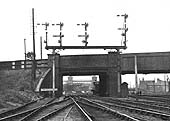 Looking north with Leicester Road overbridge in the foreground and Nuneaton station in the distance circa 1933