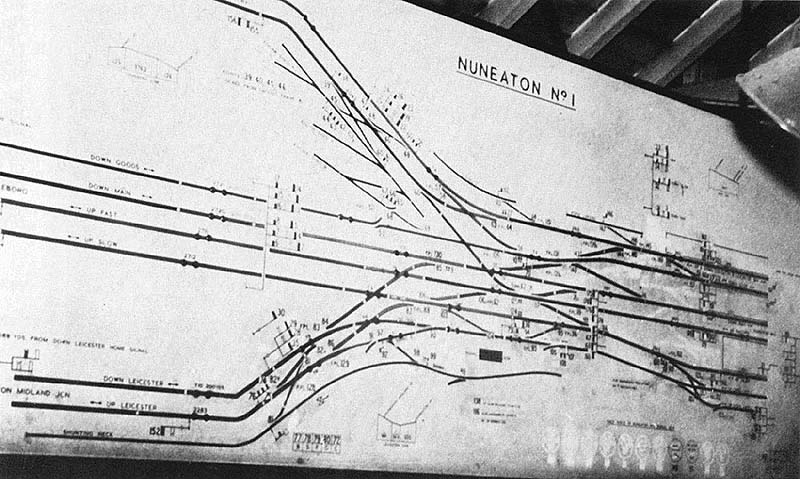 View of Nuneaton's No 1 Signal Box's Diagram showing the line to Leicester at the bottom and the line to Coventry at the top