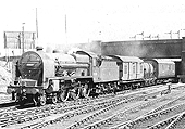 Ex-LMS 4-6-0 Patriot class No 45539 'EC Trench' is seen at the head of a down class C freight made up of XP rolling stock