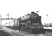 Ex-LMS 4-6-0 rebuilt Jubilee class No 45735 'Comet' is seen on an up express train as it passes through Nuneaton station's No 4 platform