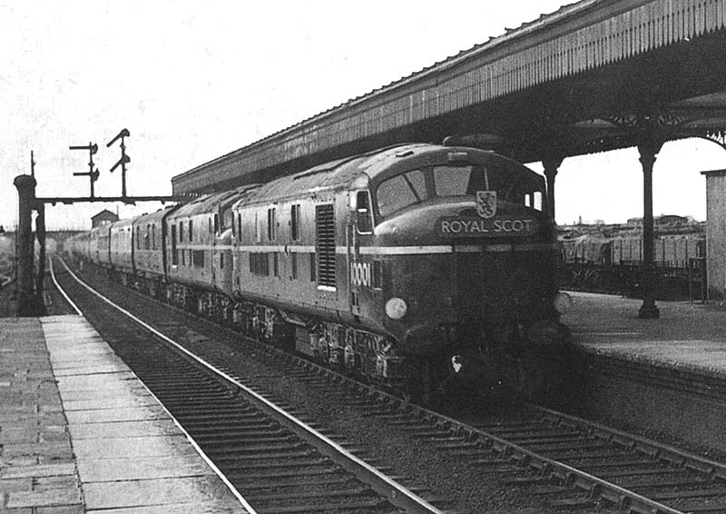 LMS English Electric Diesel locomotive 10001 and classmate 10000 power through Nuneaton on the up 'Royal Scot' express circa 1949