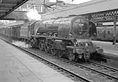 Ex-LMS Coronation Class 8P 4-6-2 No 46240 'City of Coventry' passes through Nuneaton station on 13th August 1964