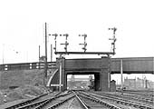 Looking beneath Leicester Road bridge towards Nuneaton station's Platforms One and Two in 1933
