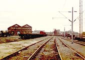 A distant view of the LNWR goods shed located in the down yard at Nuneaton Trent Valley station in the 1980s