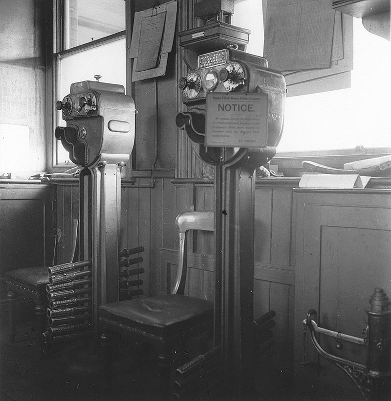 View of the electric train staff apparatus with each holding a set of staffs for either Harborne and Rotton Park Road