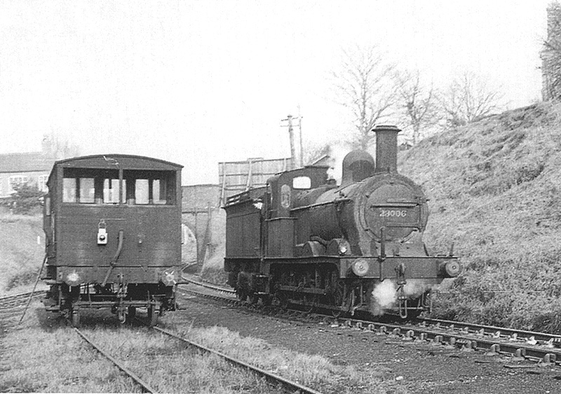 Ex-MR 2F 0-6-0 No 23006 is seen on the branch facing towards Harborne as it runs around the guards van in 1949