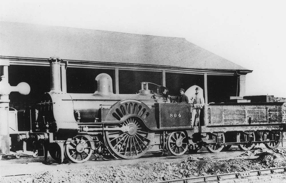 LNWR Southern Division 2-2-2 Lady of the Lake class No 804 'Soult' stands at Rugby's coke shed circa 1868