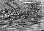 A 1920 aerial view of the northern approach to Rugby station with the MR shed partly visible in the centre on the extreme right