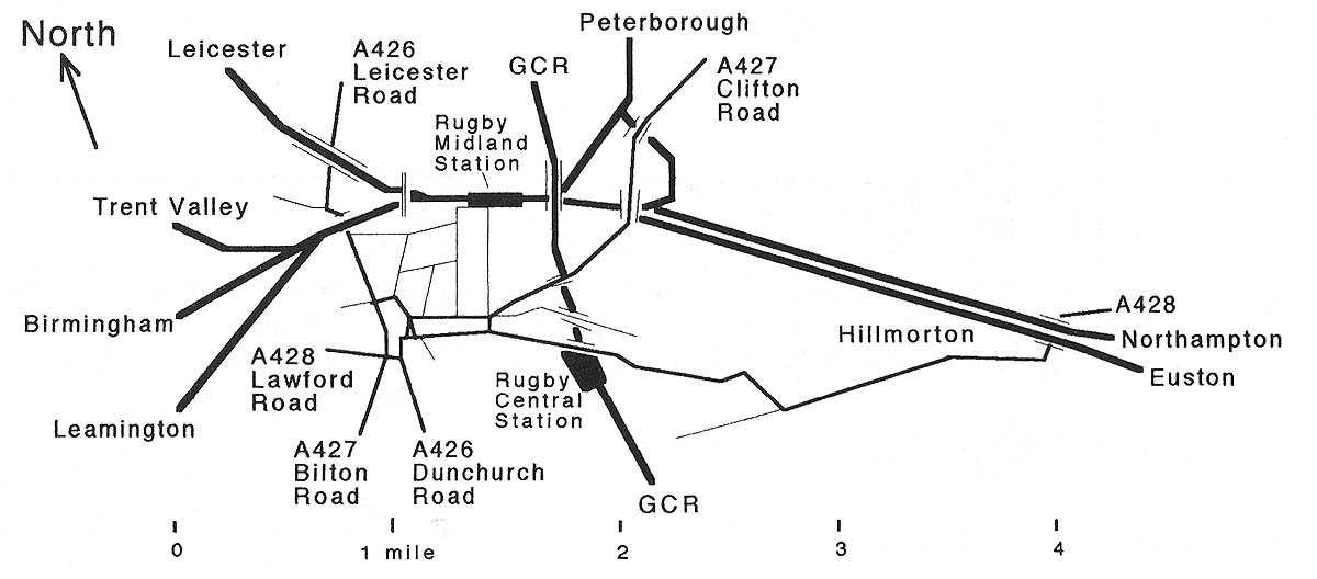 Schematic plan showing the principal roads around Rugby and the main GCR and LMS railway routes