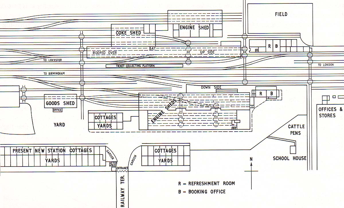 Plan of Rugby's 1850s station and engine sheds showing the facilities used by both the L&NWR and Midland Railway