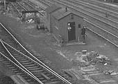 Close up showing the timber office and hut located at the southern entrance to Rugby's down sidings