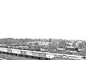 Close up showing two rakes of British Railways 16 ton steel mineral wagons stabled adjacent to the Goods and the Loop lines