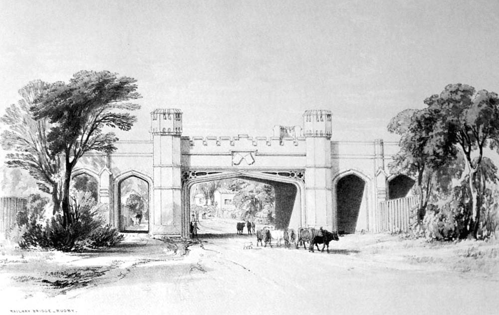 An etching of the bridge over the Lutterworth Road at Rugby as depicted by John Cooke Bourne in June 1839