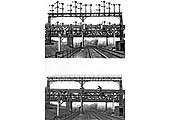 Rugby's Signal Gantry before and after colour aspect signalling was installed just before the Second World War