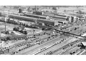 A panoramic aerial view of the Midland Railway's Leicester line entering the northern approach to Rugby station in 1930