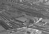 A 1946 aerial view of Rugby shed and the stabling roads in the centre and the station on the right