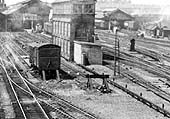 Close up showing the tracks on either side of Rugby's tall No 1 signal cabin which included two sidings