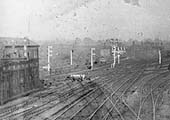 Close up showing on the left Rugby's No 5 signal cabin and the signals covering the approach to the up lines